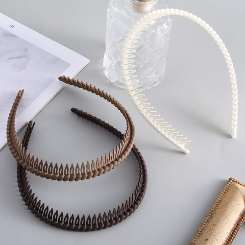 Alpinleux 3 Pcs Headband with Teeth, Comfortable Headbands for Women with Teeth, Fashion Comb Headband, Plastic Head Bands for Women's Hair Non Slip (4.3''×0.7'', Black, Coffee, Khaki)