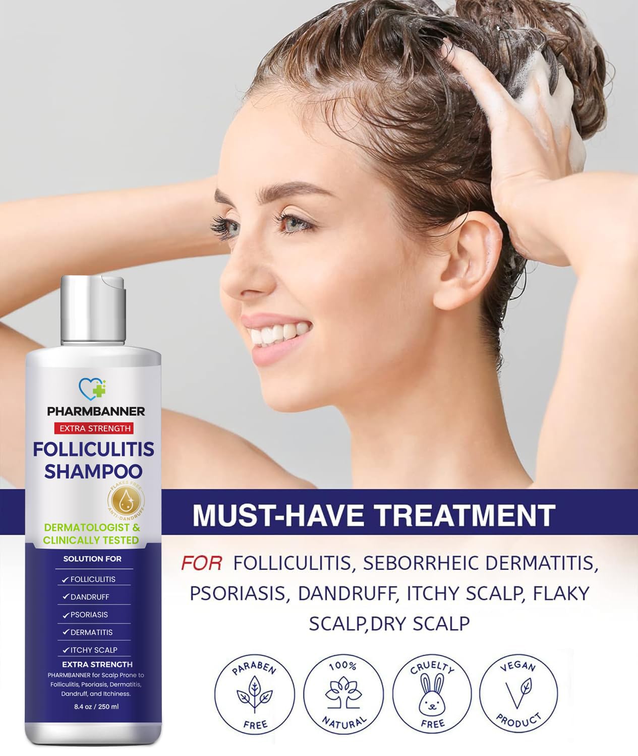 PHARMBANNER Anti-Fungal Shampoo for Folliculitis, Seborrheic Dermatitis, Scalp Psoriasis - Relieves Itchy & Dry Scalp