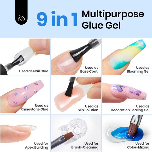 beetles Gel Polish 9 in 1 Nail Glue Gel for Nails Tips 10ml Long Lasting Uv Nail Glue for Acrylic False Nail Tips Base Coat Blooming Nail Gel Led Lamp Required