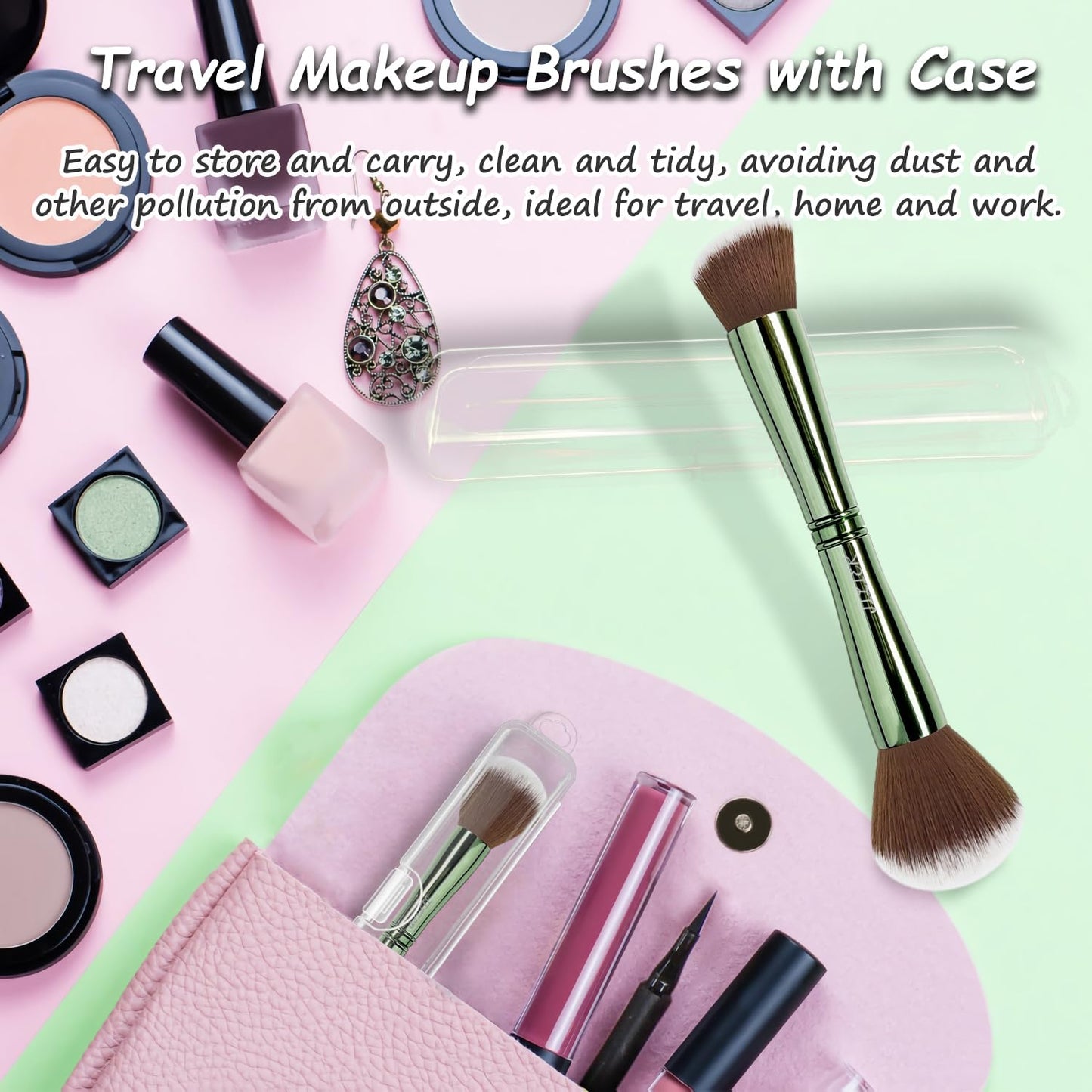 Jilier Travel Makeup Brushes with Case, 4 in 1 Makeup Brush Set, Powder Brush, Foundation Brush/Blush Brush, Eyeshadow Brush, Concealer Brush, Double Ended Makeup Brush Ideal for Liquid, Cream, Powder