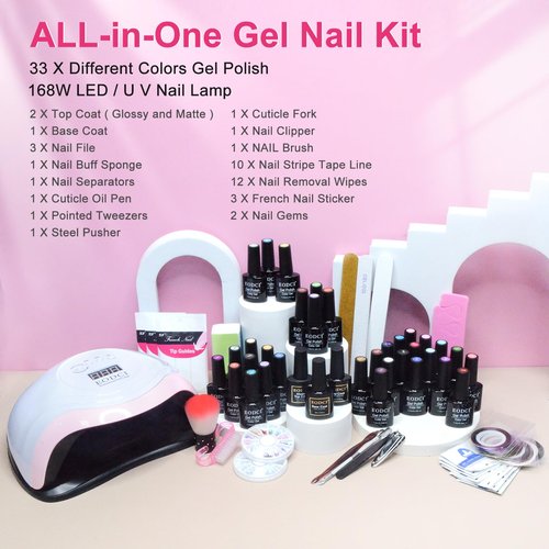 EODCI 76 PCS Gel Nail Polish Kit with U V Light, 33 Colors Gel Nail Orange Brown Red Nail Polish Set 168W Nail Lamp, No Wipe Base Top Coat & Manicure Tools Starter Kit DIY Home Salon Gifts