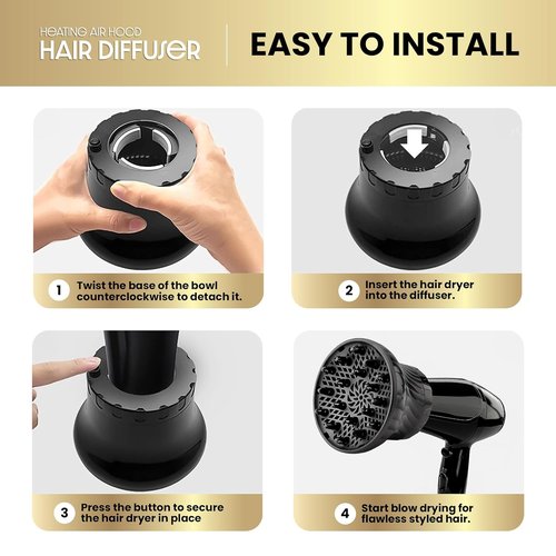 Herbishh Hair Dryer Diffuser - Universal Attachment for Curly & Wavy Hair, Reduces Frizz & Adds Volume, Adjustable 3.5 to 8 cm (Black)