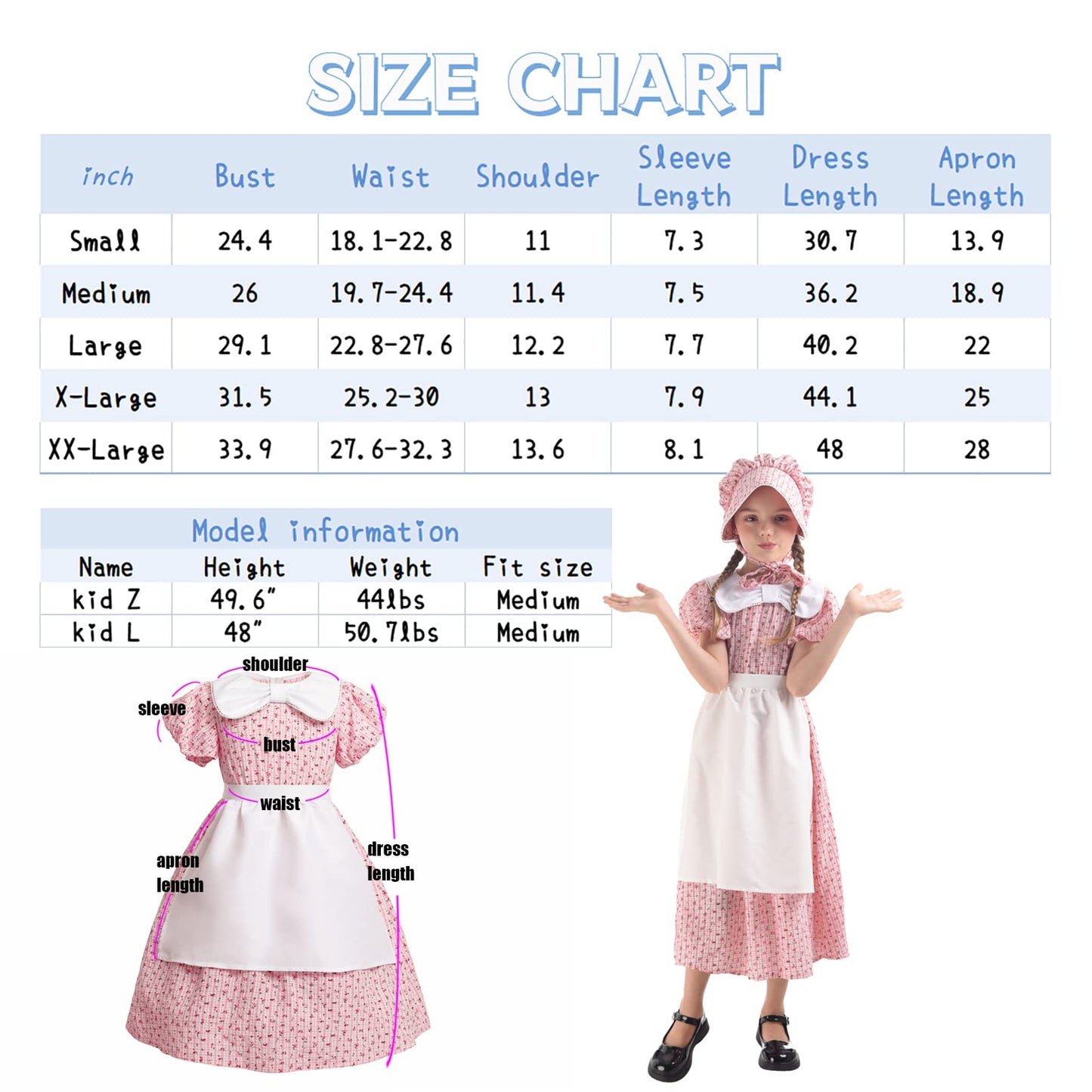 LTAKK Prairie Dresses Girls Pioneer Colonial Costume Girl Pilgrim Dress with Apron and Bonnet, Pink Plaid Floral, Large