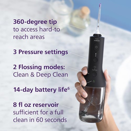 Philips Sonicare Cordless Power Flosser 3000 - Innovative Water Flosser with Quad Stream Technology, 2 Modes & 3 Pressure Levels, IPX7 Waterproof, Black, HX3826/23