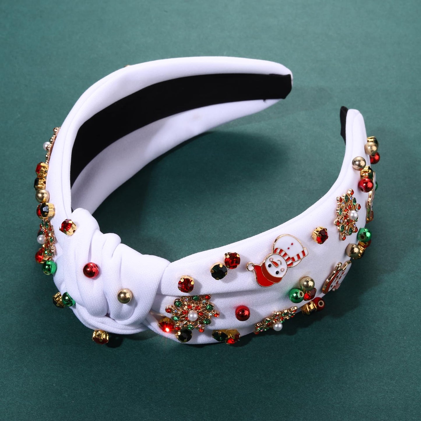 PHALIN Christmas Holiday Headband for Women Christmas Accessories Reindeer Snowflake Candy Cane Knotted Headband Red Green Beaded Rhinestone Pearl Wide Top Knot Headband Xmas Plaid Hairband (Snowman)