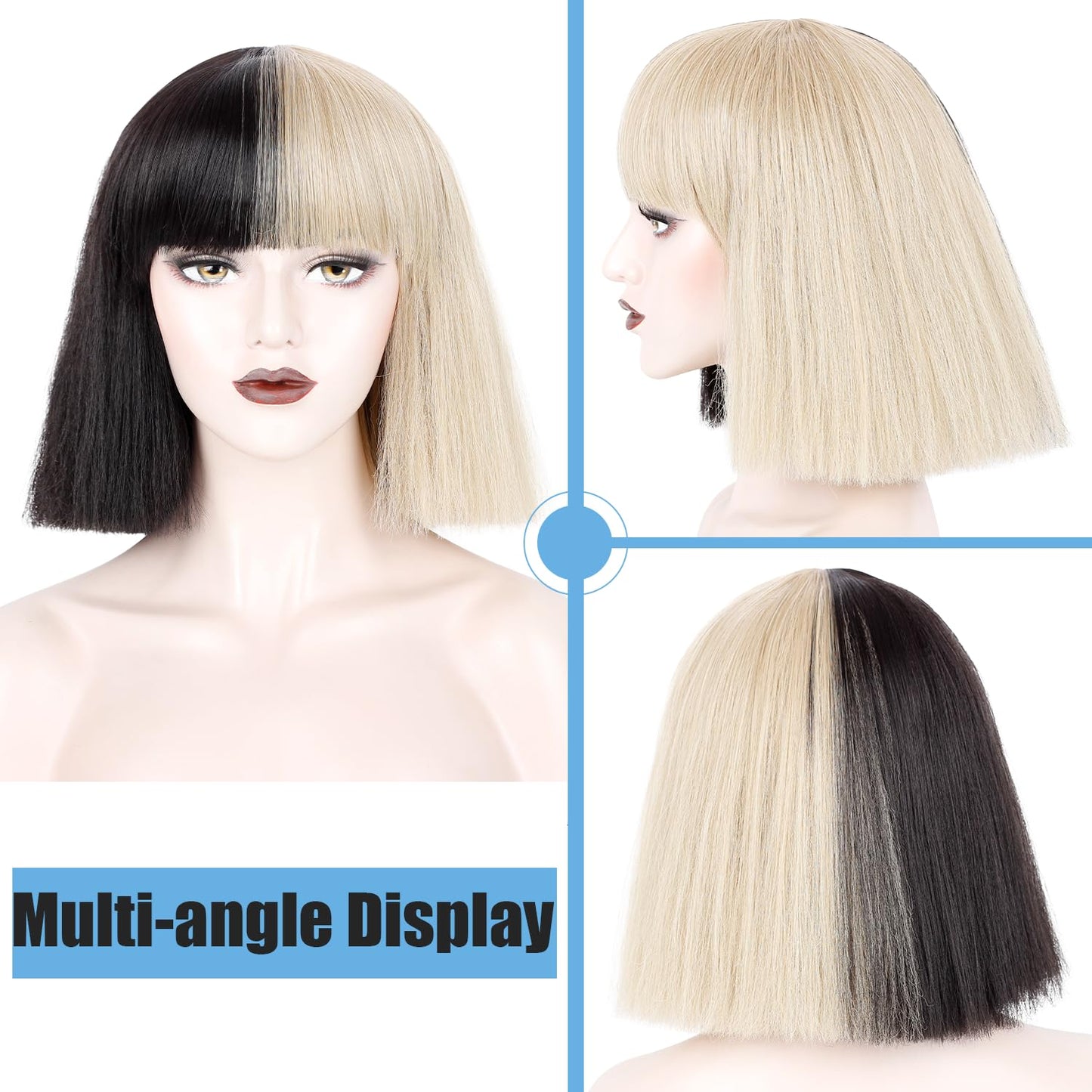 WeKen Women's Fashion Wig Short Bob Kinky Straight Full Bangs Synthetic Hairpieces Half Black and Half Blonde