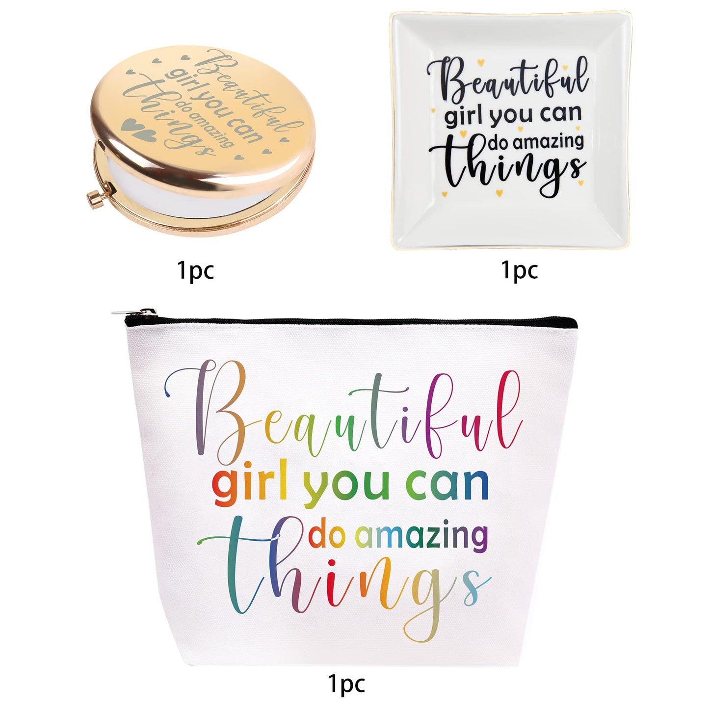 VeryMerryMakering Beautiful Girl You Can Do Amazing Things, Inspirational Gifts for Women, Amazing Gifts for Teen Girls, Beautiful Gift Makeup Bag, Inspirational Jewelry Dish, Amazing Mirror