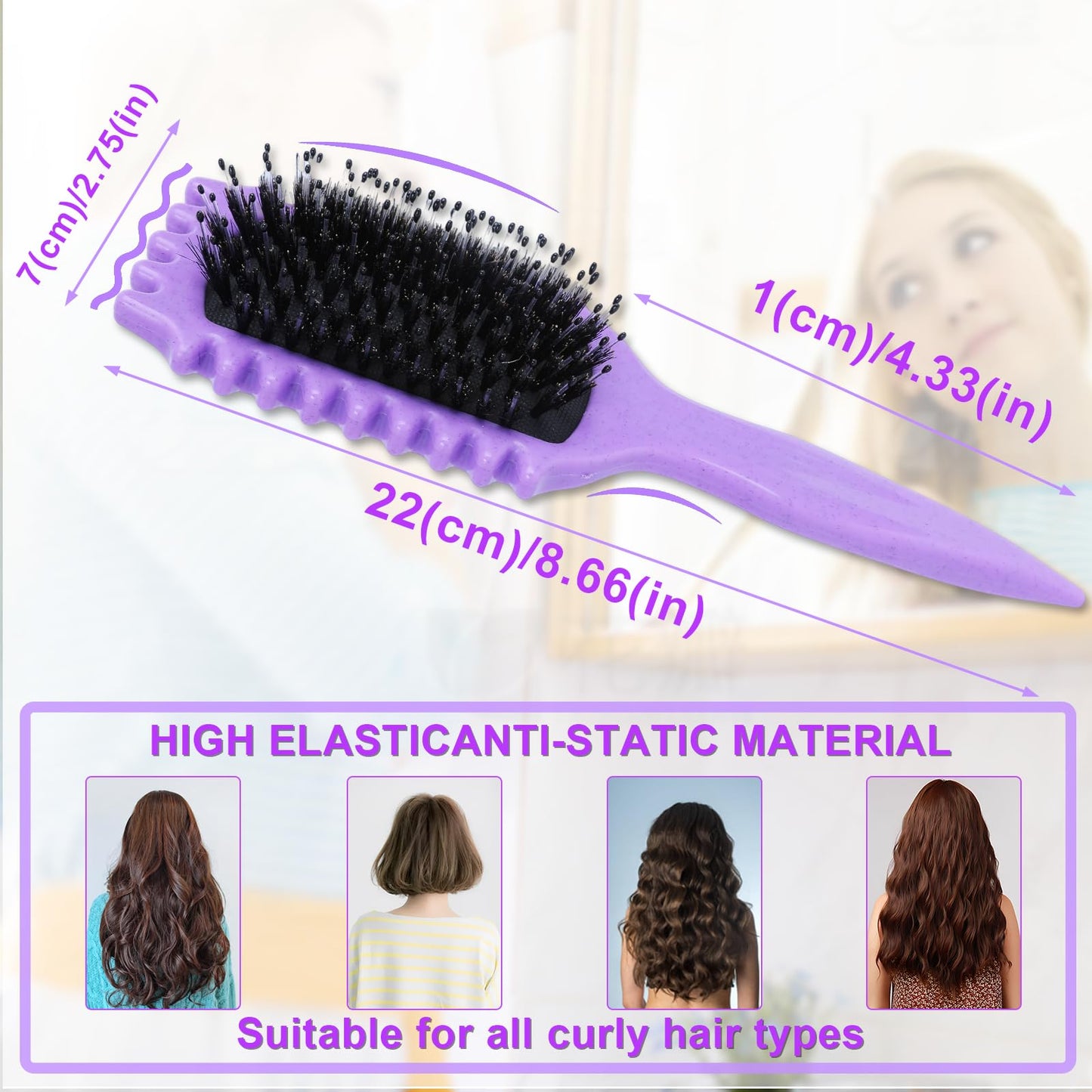 Cosgosr Curl Defining Brush for Curly Hair - Curved Vented Boar Bristle Styling Brush for Women and Men (2Purple)