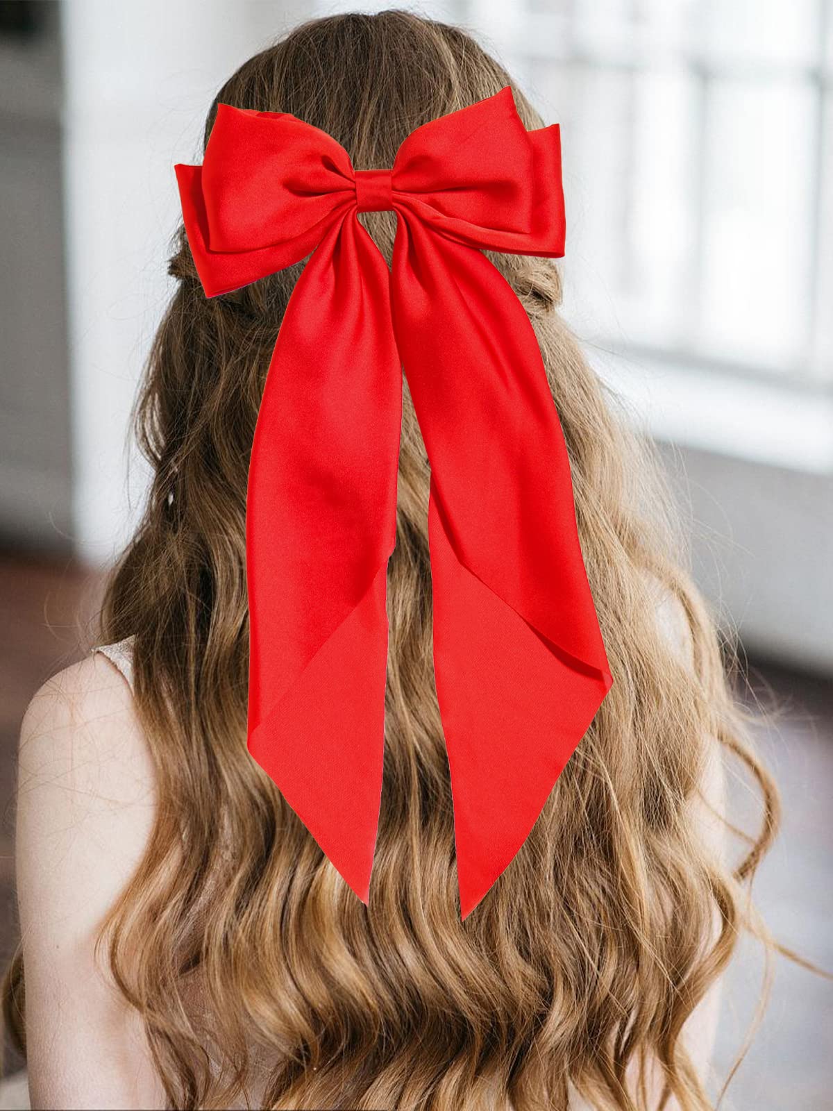 Furling Pompoms Hair Bows for Women,Large Satin Silky Hair Bow Clips Ribbon Long Tail French Barrette Hair Clamps Girls Hair Accessories Party Wedding Charm Green Red Hair Bows