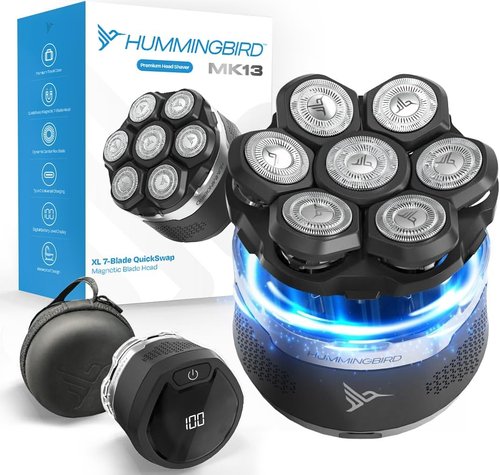 HUMMINGBIRD MK13 Premium Head Shaver - 7 Blade Cordless Electric Razor for Men | Waterproof & Rechargeable with Travel Case