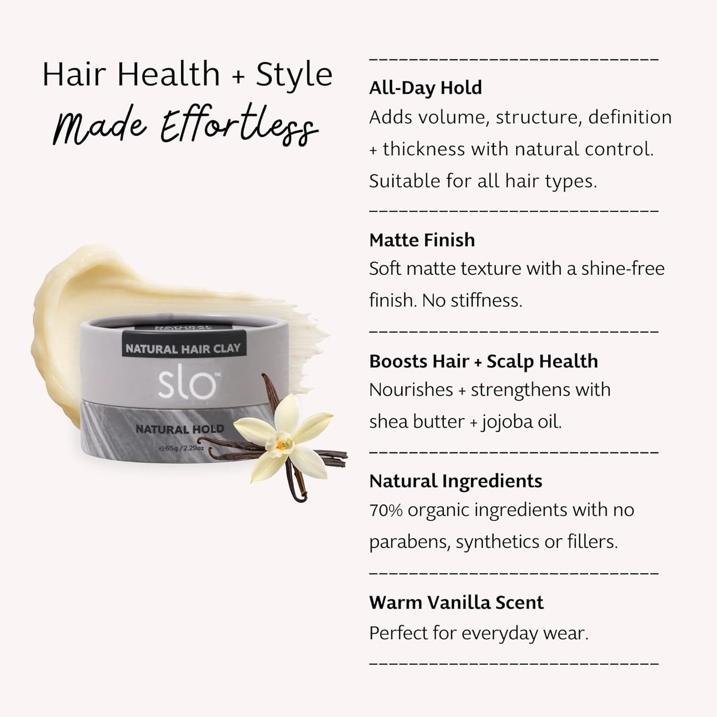 Slo Natural Hair Clay - Vegan & Cruelty-Free Styling Alternative for All Hair Types | Natural Hold, 2.29oz/65g