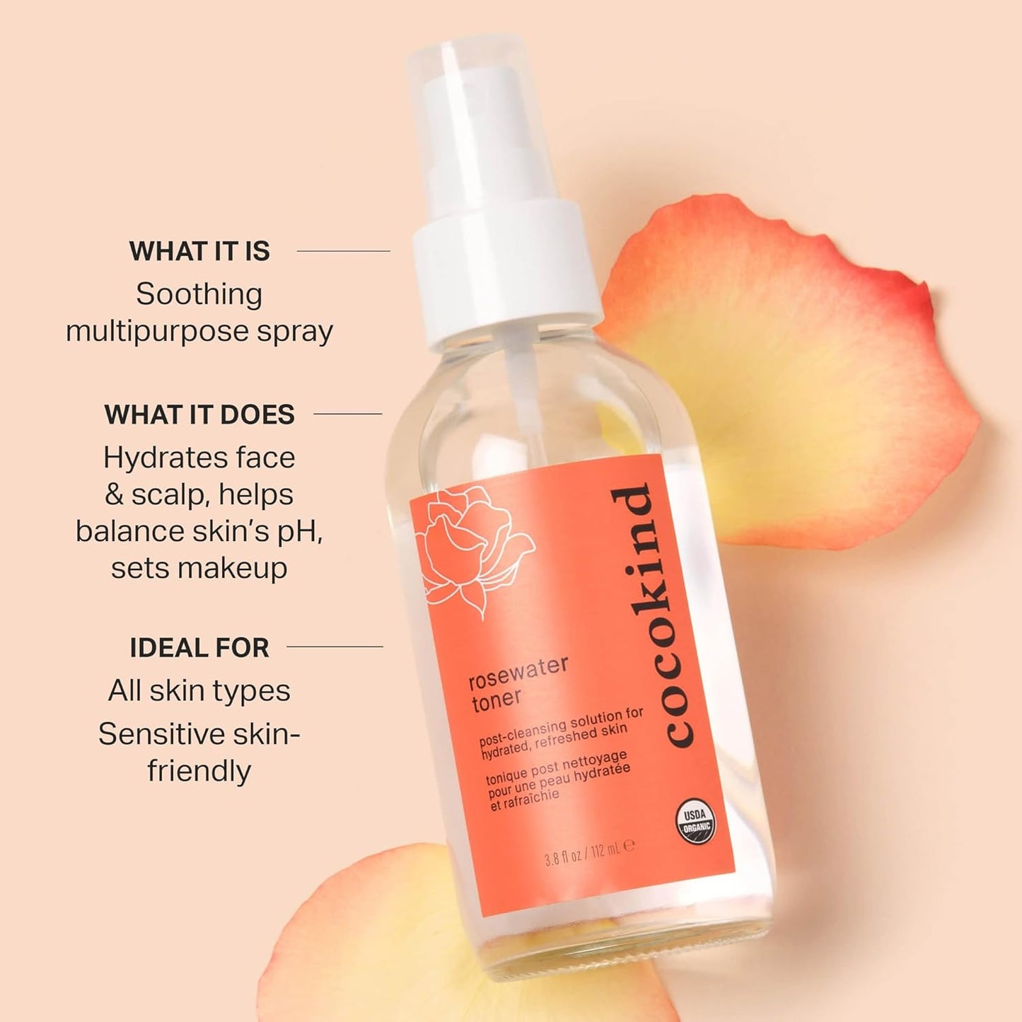 Cocokind Rosewater Facial Toner - Multipurpose Spray for Makeup Setting & pH Balancing | 4 Fl Oz