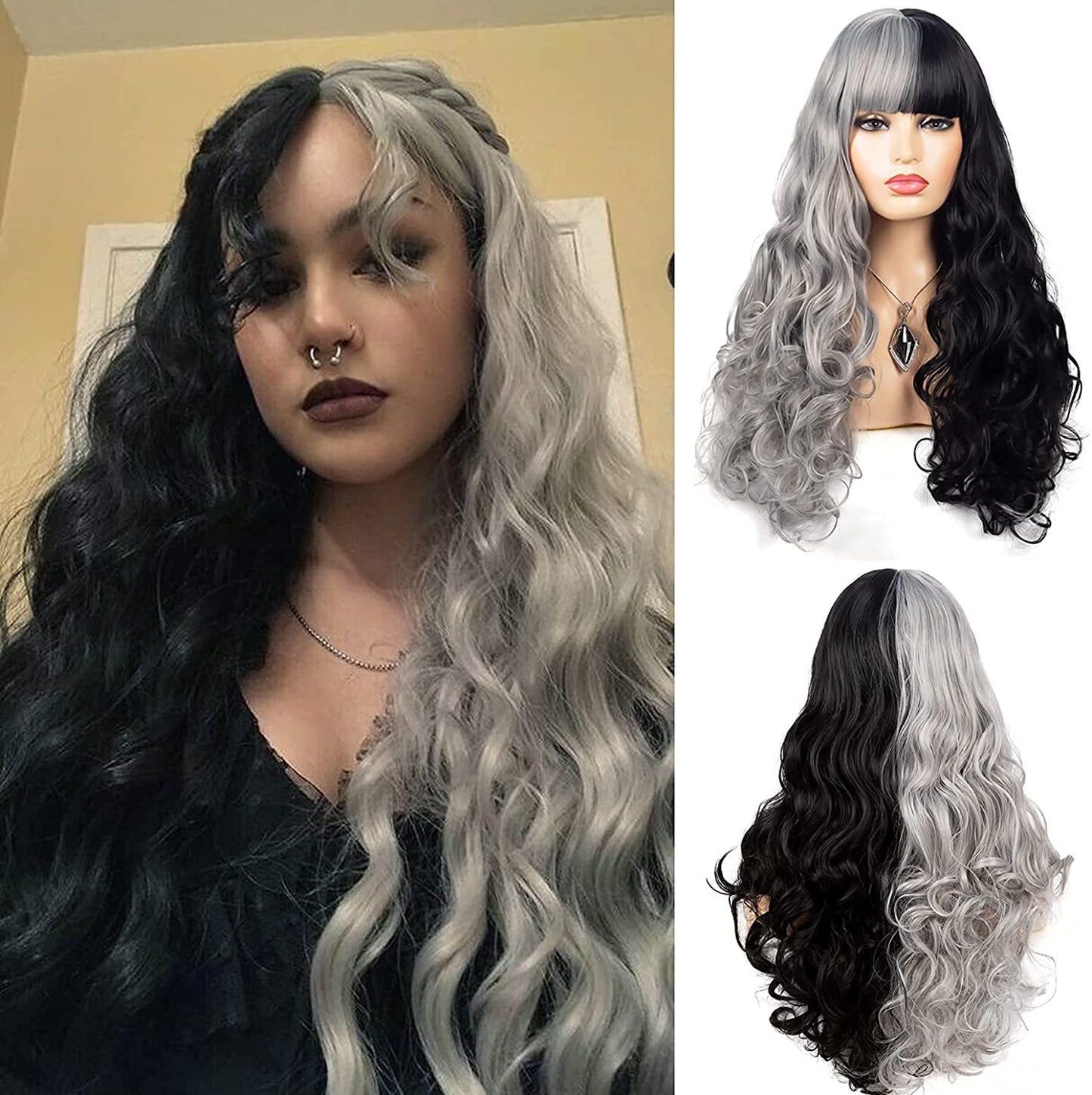 Baruisi Half Black Grey Wig With Bangs Long Curly Wavy Synthetic Heat Resistant Costume Cosplay Wigs for Women