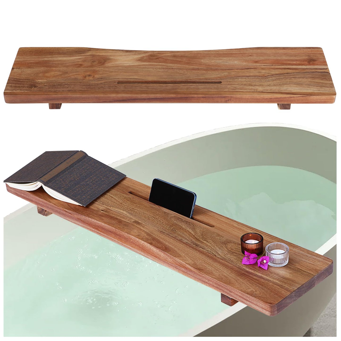 Premium 1.2IN Thickened Board Acacia Wood Bathtub Tray Caddy with Adjustable Legs, Minimalistic Design Bath Tray for Tub, Bathtub Accessories, Fits Most Free Standing Bath Tubs, Idea for Women