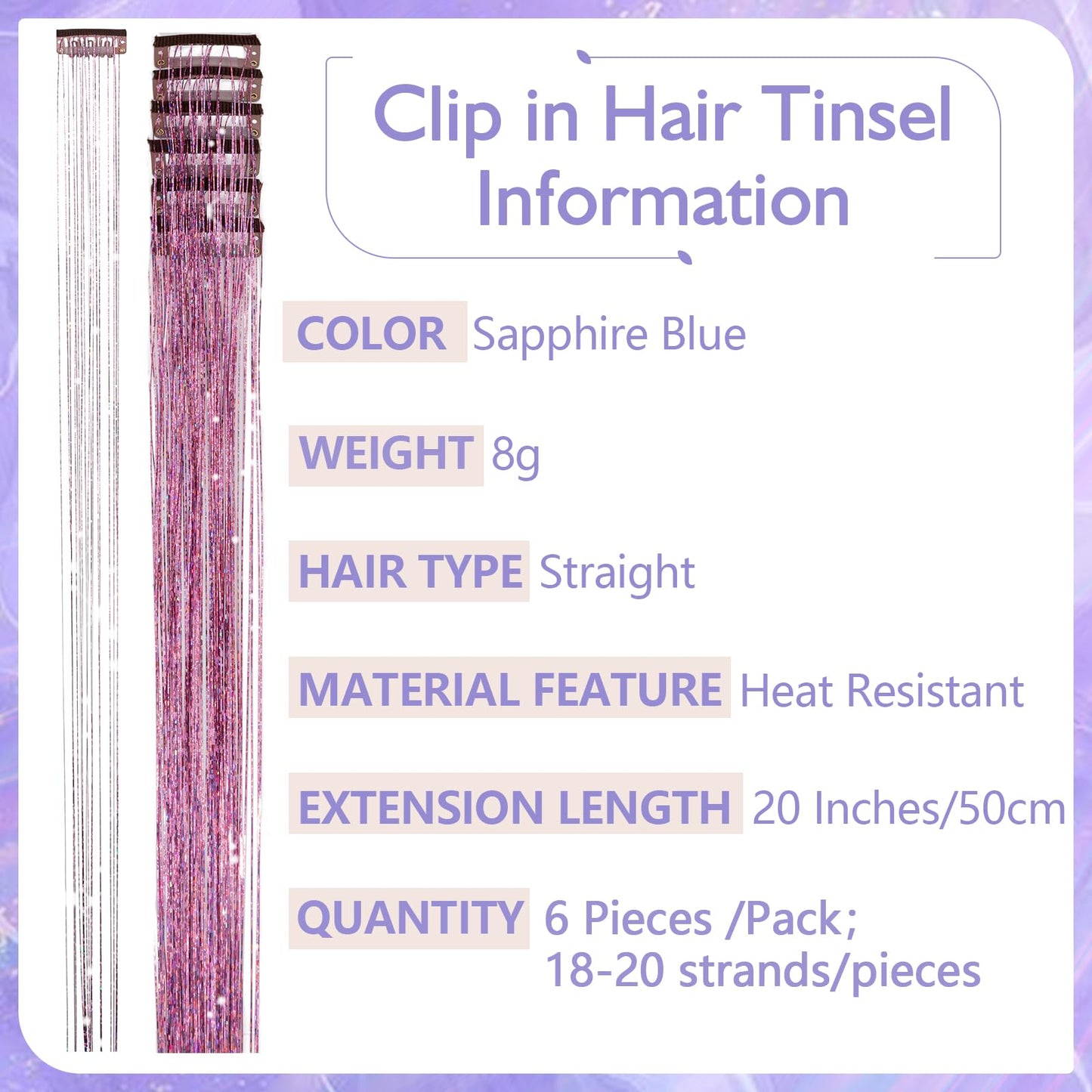 Benehair 6 PCS Clip in Hair Tinsel Kit, Colored Glitter Tinsel Hair Extension Heat Resistant, Sparkling Hairpieces Fairy Hair Dazzle Hair Tinsel Christmas New Year Party for Women 20 Inch (Light Pink)