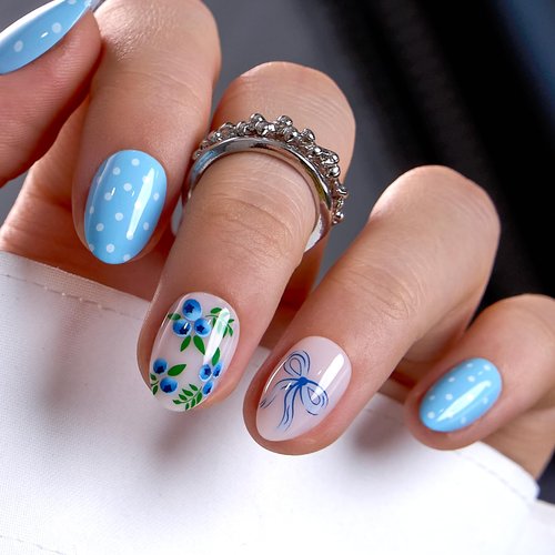 CurvLife Soft Gel Alomond Press On Nails, Long-Lasting Reusable Fake Nails Kit with Glue & Tabs, 30pcs Salon-Quality Stick On Nails for Women At-Home Manicure (Blue Garden)