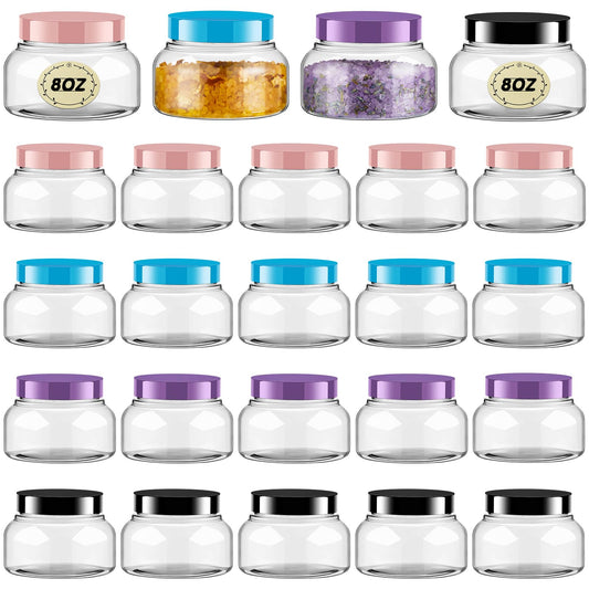 Tessco 24 Pack Plastic Jars with Lids Labels Empty Clear Plastic Jars Round Refillable Cosmetic Containers Body Butter Containers Bulk Sugar Scrub Bottle for Make Up(8 oz,Multicolor)