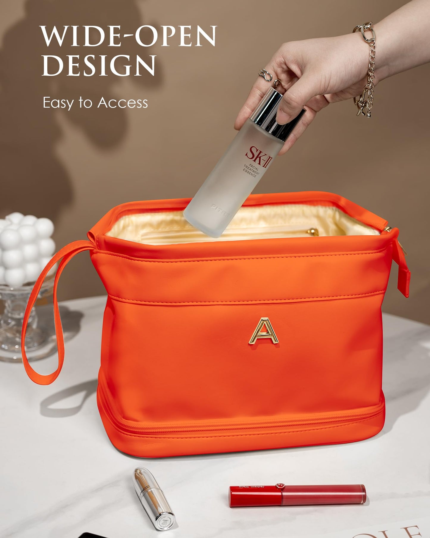 Vogewood Gifts for Women, Initial Large Makeup Bag, Travel Essentials, Personalized Double Layer Cosmetic Bag with Makeup Brush Organizer, PU Leather Travel Toiletry Bag, Gifts for Friends Female Mom