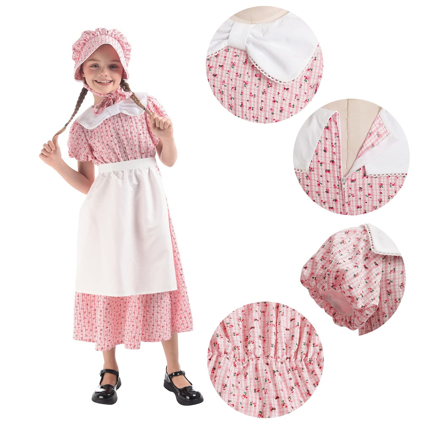 LTAKK Prairie Dresses Girls Pioneer Colonial Costume Girl Pilgrim Dress with Apron and Bonnet, Pink Plaid Floral, Large