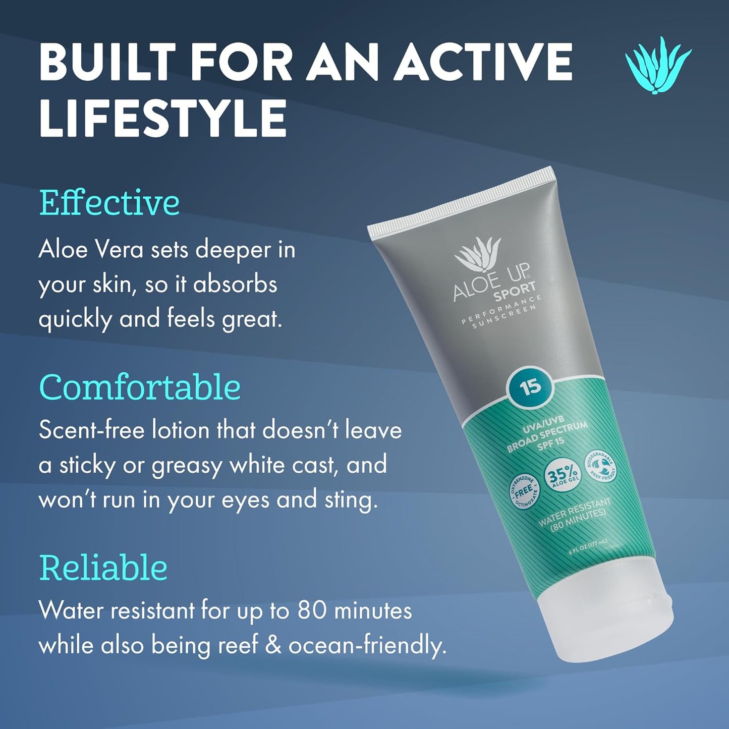Aloe Up Sport Sunscreen Body Lotion SPF 15 | Hydrating Aloe Vera Gel, Non-Greasy, Reef Friendly - 6 Oz