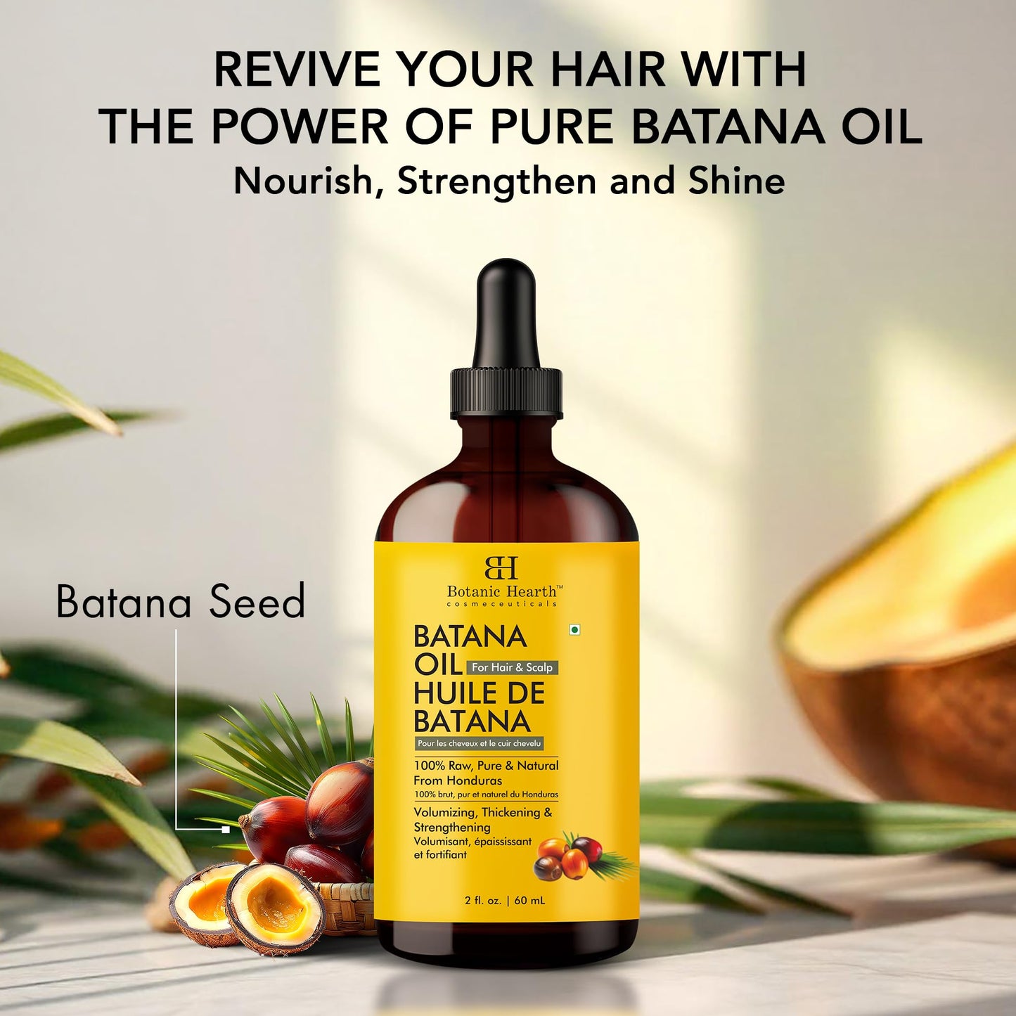 Botanic Hearth Raw Batana Oil for Hair Growth (2 fl oz) | 100% Pure & Unrefined Oil from Honduras | Promotes Thicker, Stronger Hair