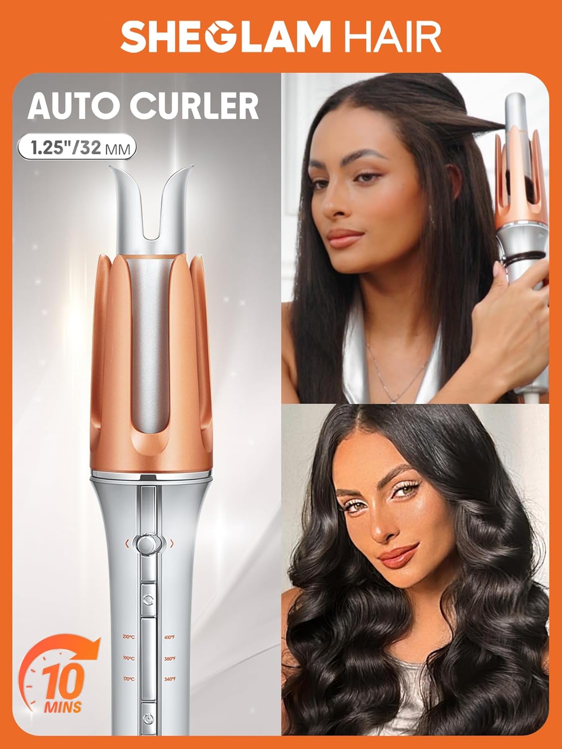 SHEGLAM Automatic Curling Iron - 1 1/4 Inch, Fast Heating, 3 Temperatures, Anti-Scald & Tangle Features
