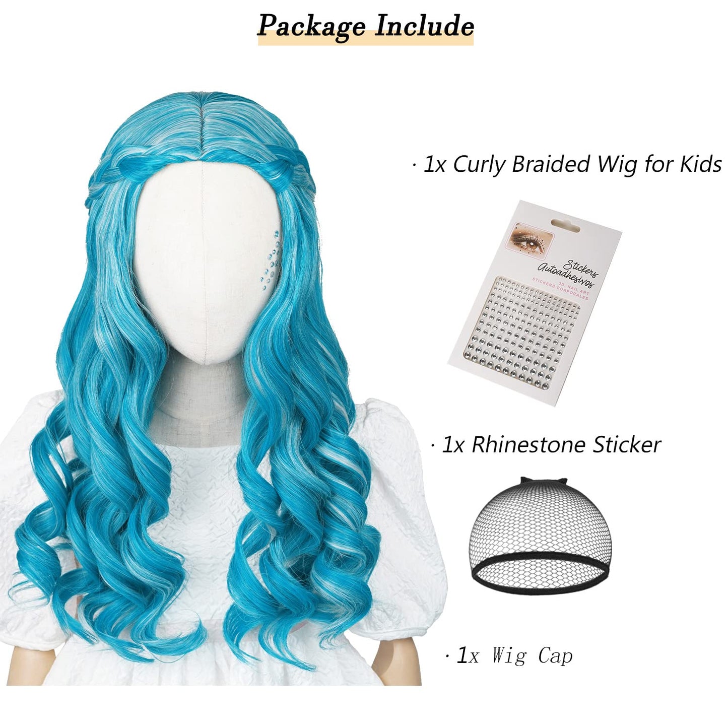 Blue Braids Wig for Kids Girls Curly Alien Cosplay Wigs Princess Elf Costume Hair with Stickers for Halloween Party