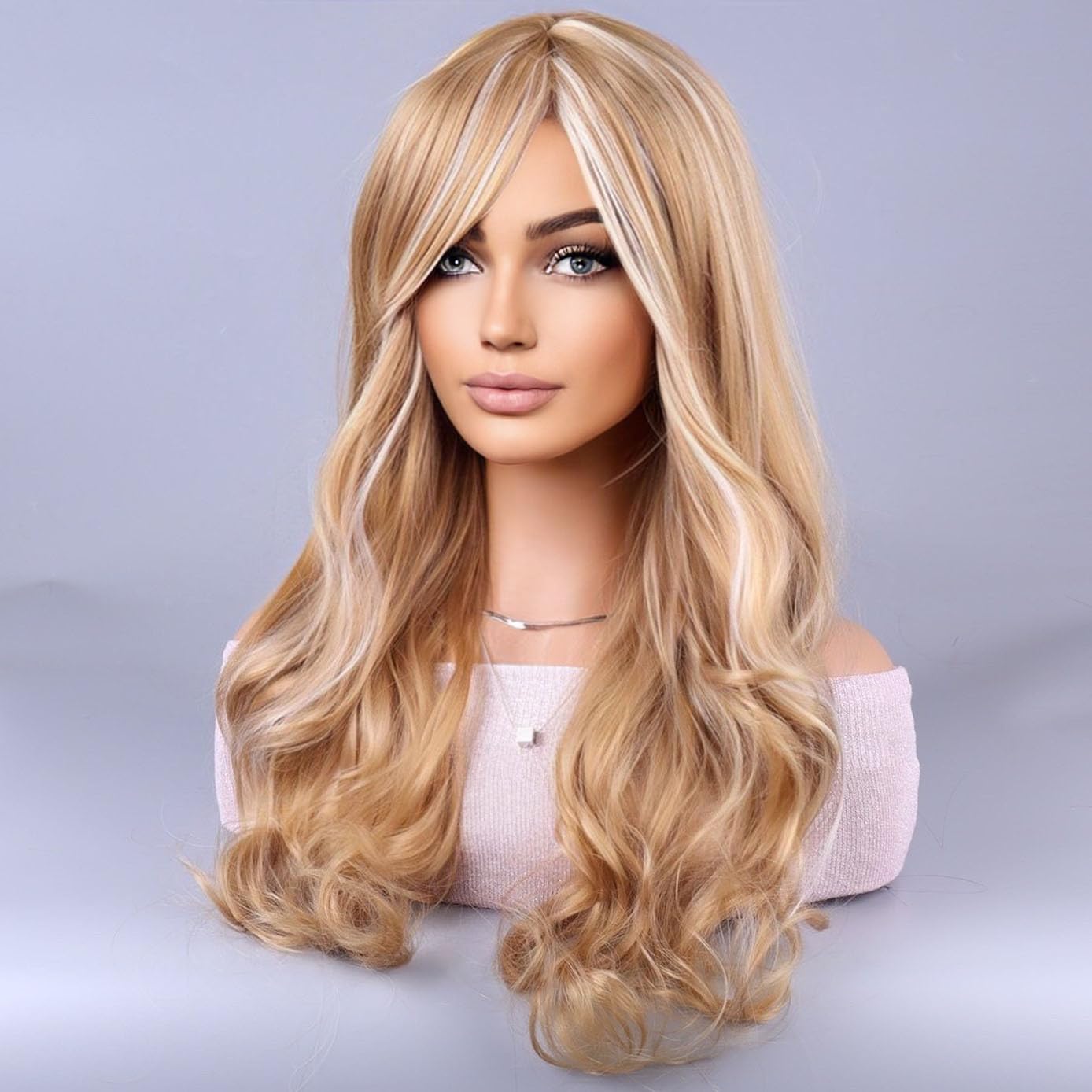 BERON Blonde Highlights Wigs Long Curly Wavy Women Wigs with Bangs Mixed Blonde Heat Resistant Synthetic Wigs for Daily Wigs