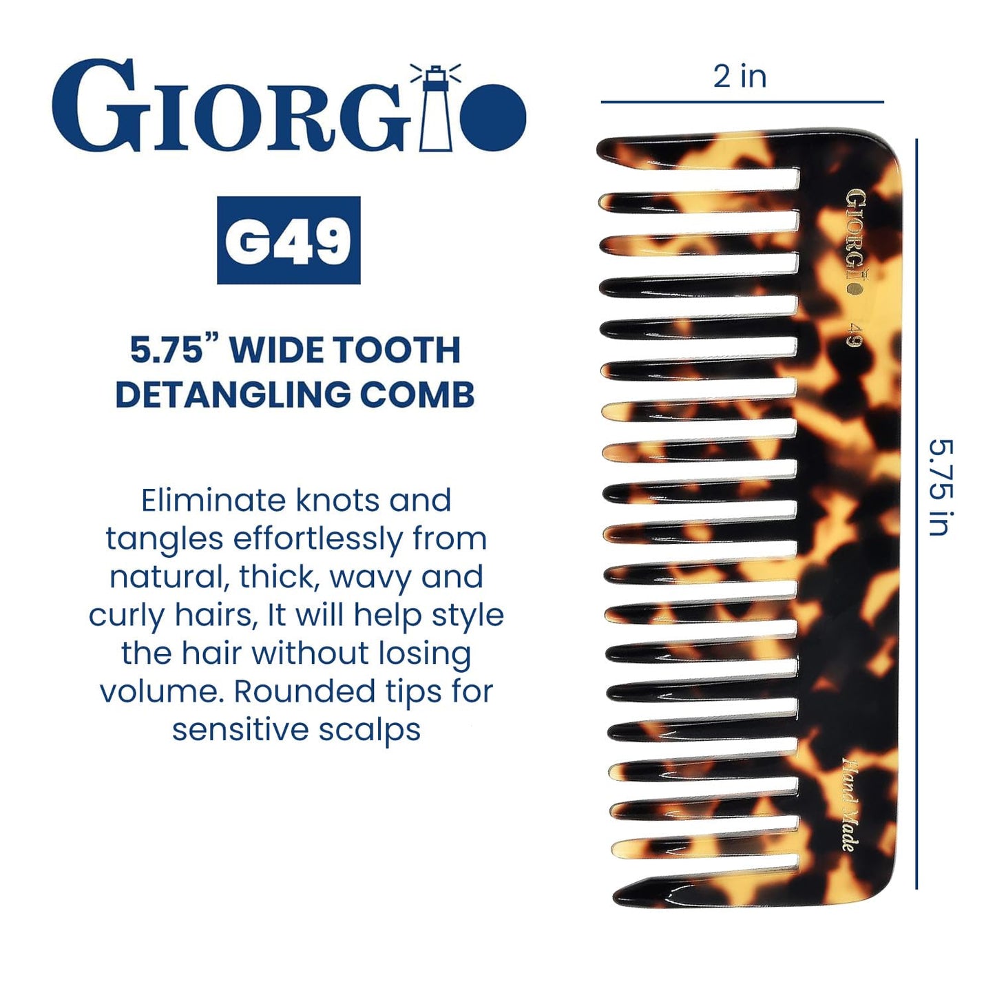 Giorgio G49 Yellow Tokio, Large Hair Detangling Comb, Wide Teeth for Thick Curly Wavy Hair, Detangler Comb For Wet and Dry, Handmade of Quality Cellulose, Saw-Cut, Hand Polished