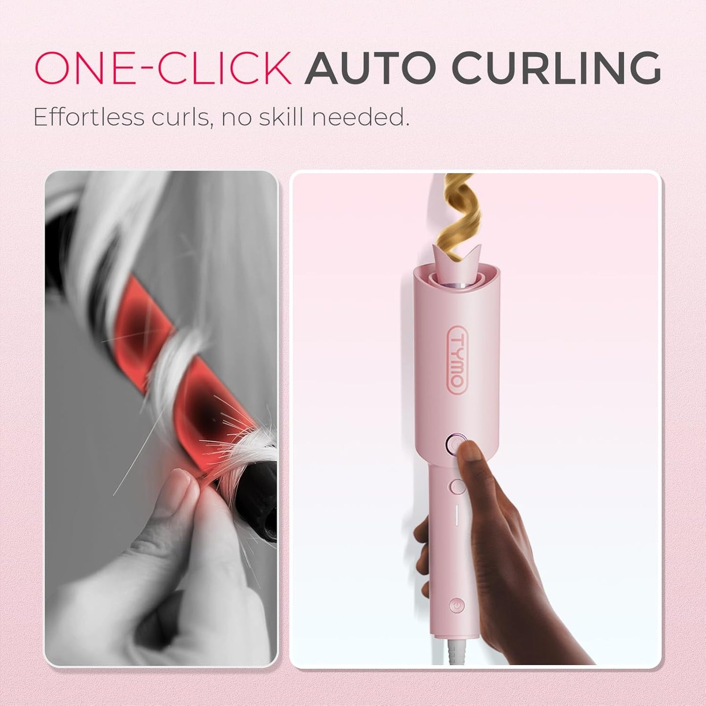 TYMO CURLPRO Automatic Rotating Curling Iron - Portable 1-Inch Beach Waves Curler with Ionic Technology | Lightweight & Dual Voltage, Pink