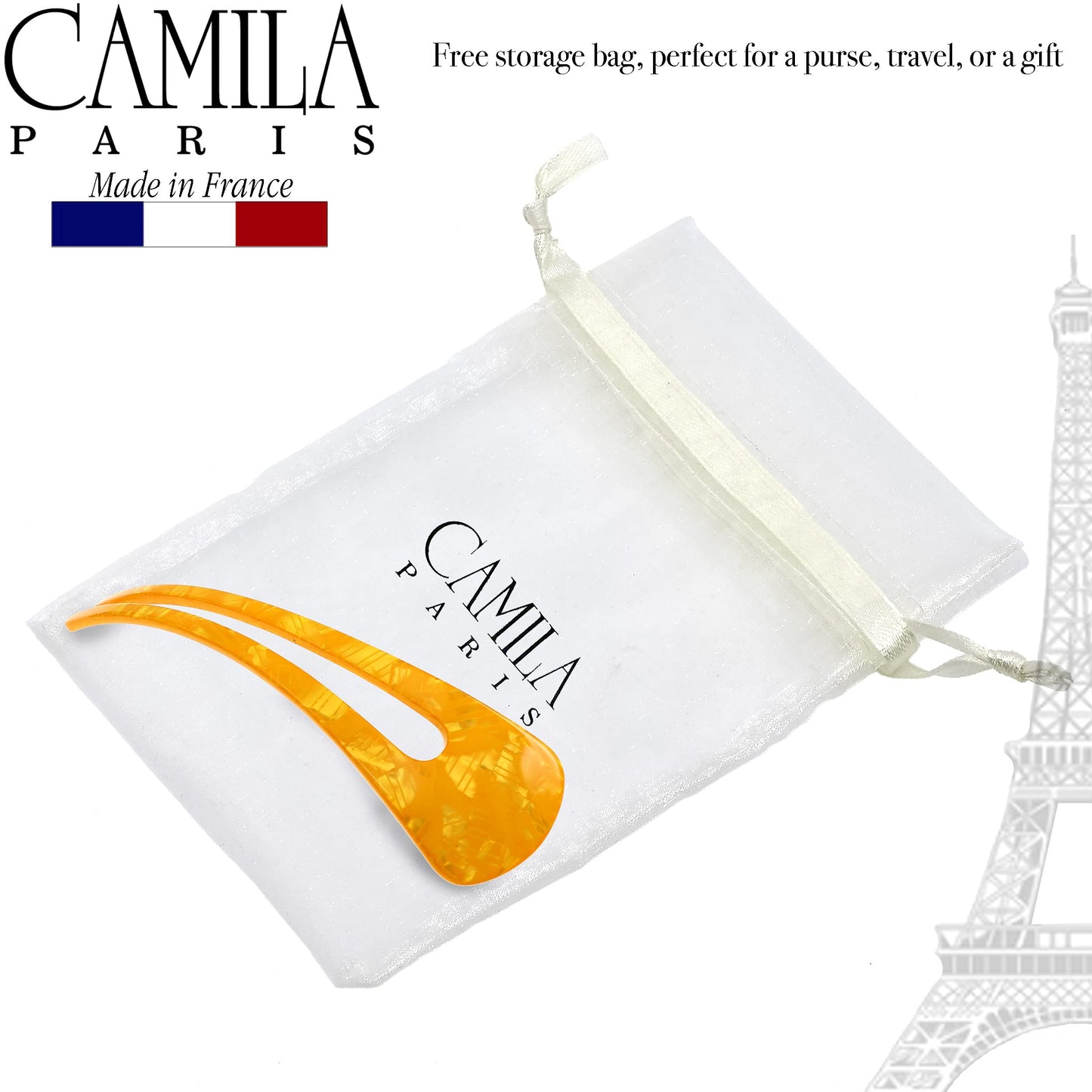 Camila Paris CP3166 French Twist Stick Clip Pins, Orange, Wavy Hair Pin U-Shaped Hair Fork for Girls Spiral Updo Chignon Bun Holder, Fashion Flexible Styling Hair Accessories for Women, Made in France