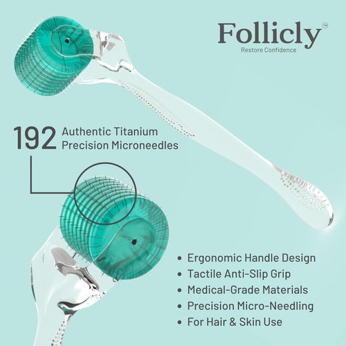 Follicly Derma Roller – Professional Microneedling Tool for Hair, Skin & Face – 192 Authentic Titanium Microneedles – Premium At Home Beauty Care – Includes Free Protective Storage Case