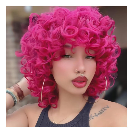 Kavsni Hot Pink Curly Wig for Black Women Soft Short Curly Wig with Bangs for American Women Wigs（Large Earrings+Makeup Sponge+Wig Cap） (Hot Pink)