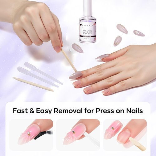 Makartt Press On Nail Glue Remover 10ML Fast and Easy Removal Debonder with 2 Dropper Applicators, 2 Wooden Sticks for Quick Glues, Press-On Nail, Solid Glue, Semi-Cured Sticker, Adhesive Tabs