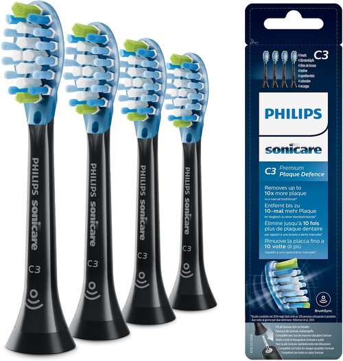 Philips Sonicare Replacement Brush Heads - Premium Plaque Defense, BrushSync Enabled, 4-Pack Black - HX9044/33