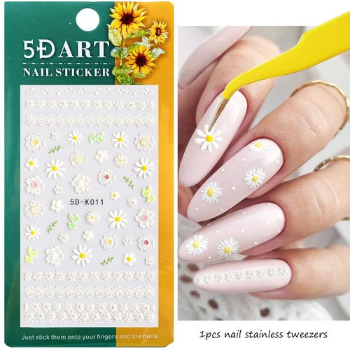 5D Embossed Flower Nail Art Stickers, 6 Sheets Self-Adhesive Nail Sticker Decals,Luxury Hollow Exquisite Pattern Spring Daisy Leaf Butterfly Lace Carving Design for Salon Home Acrylic Nail Decoration