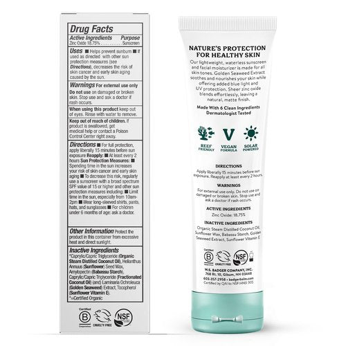 Badger Zinc Oxide Face Sunscreen SPF 30 - Lightweight, Matte Finish, Vegan & Water Resistant | 1.7 fl oz
