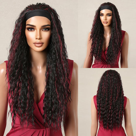 testar Headband Wig Deep Wave Black Curly Wigs for Black Women Long Black With Red Highlight Synthetic Wavy Wig Curly Hair Natural Looking 26 IN