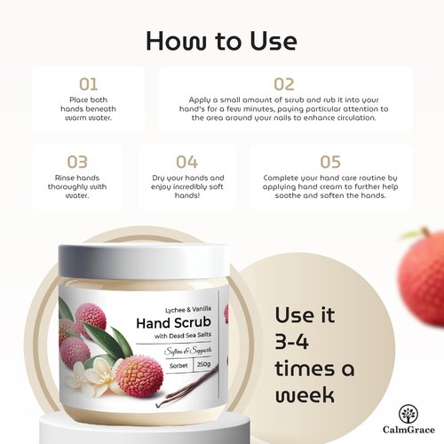 CalmGrace Exfoliating Hand Scrub with Dead Sea Salts, Lychee & Vanilla Scent | Hand Scrub Exfoliator in Sorbet Texture, Body Care Moisturizer | Fortified with Aloe Vera, Coconut Oil, Vitamin C