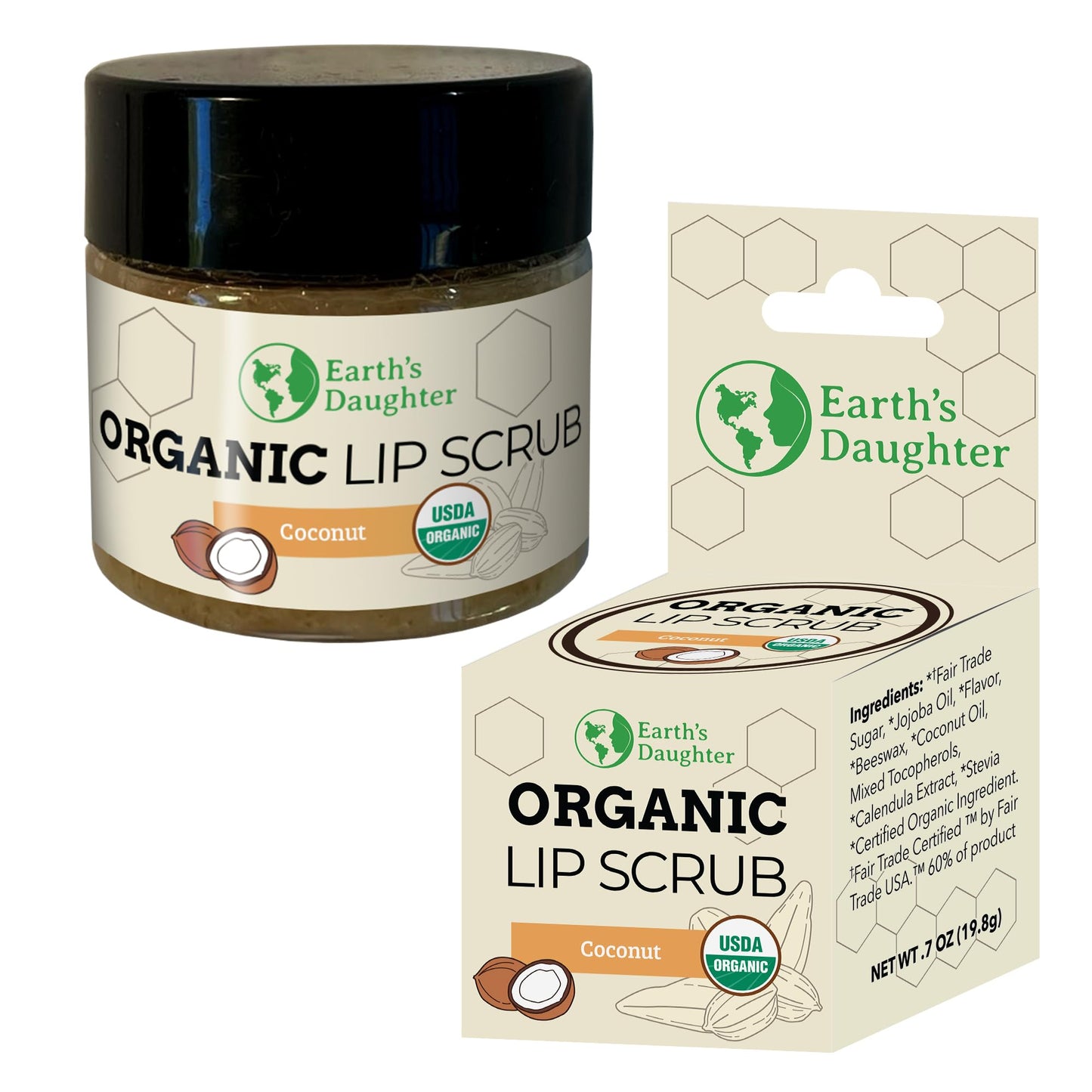 Earth's Daughter Organic Coconut Lip Scrub 0.7 oz - USDA Organic, Fair Trade, Sugar, Jojoba Oil, Beeswax, Coconut Oil, Calendula Extract