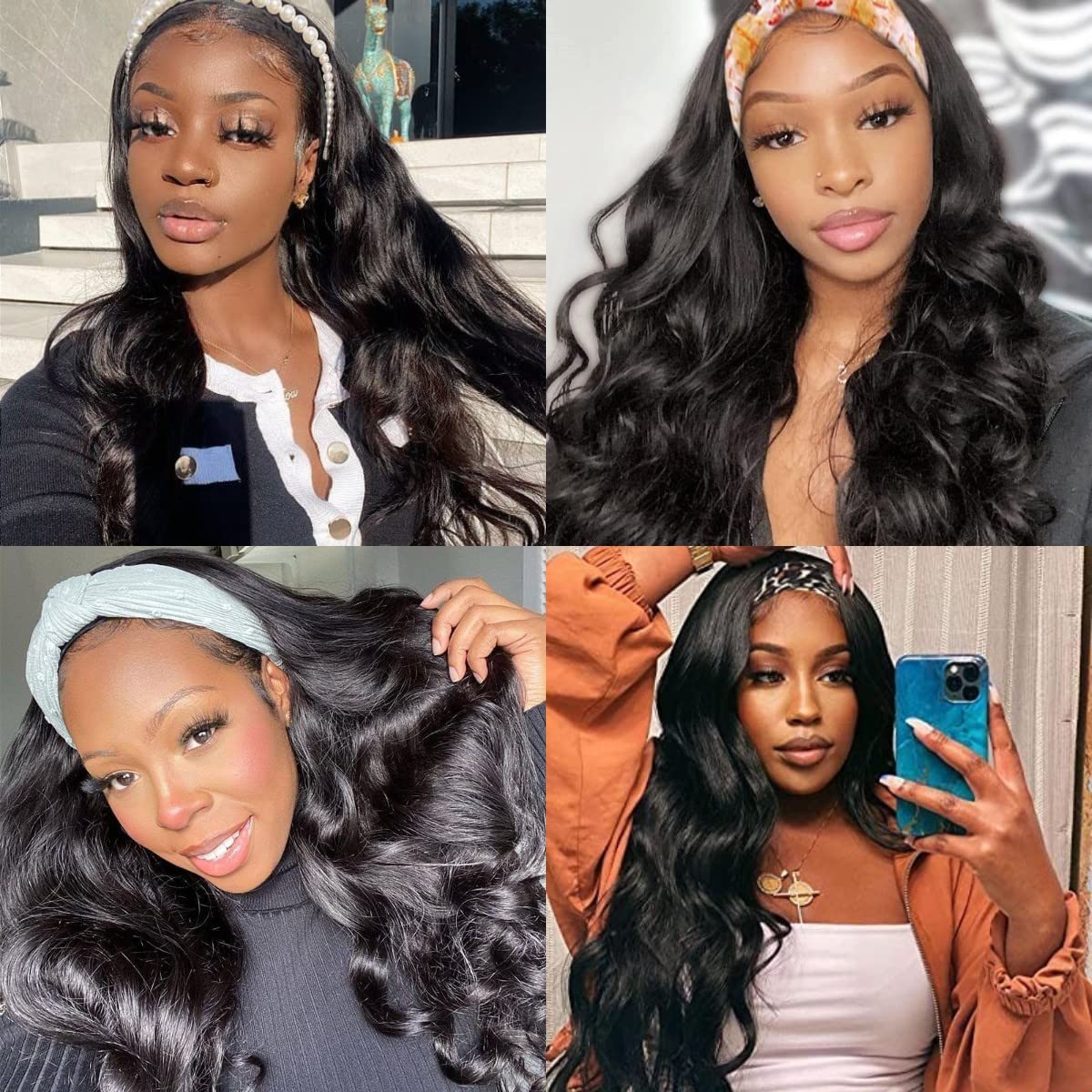 SAPPHIREWIGS Glueless Headband Wig Loose Body Wavy Synthetic Hair Wigs for Black Women Wave None Lace Front Wigs Natural Black Color Machine Made Wigs 150% Density 26inch