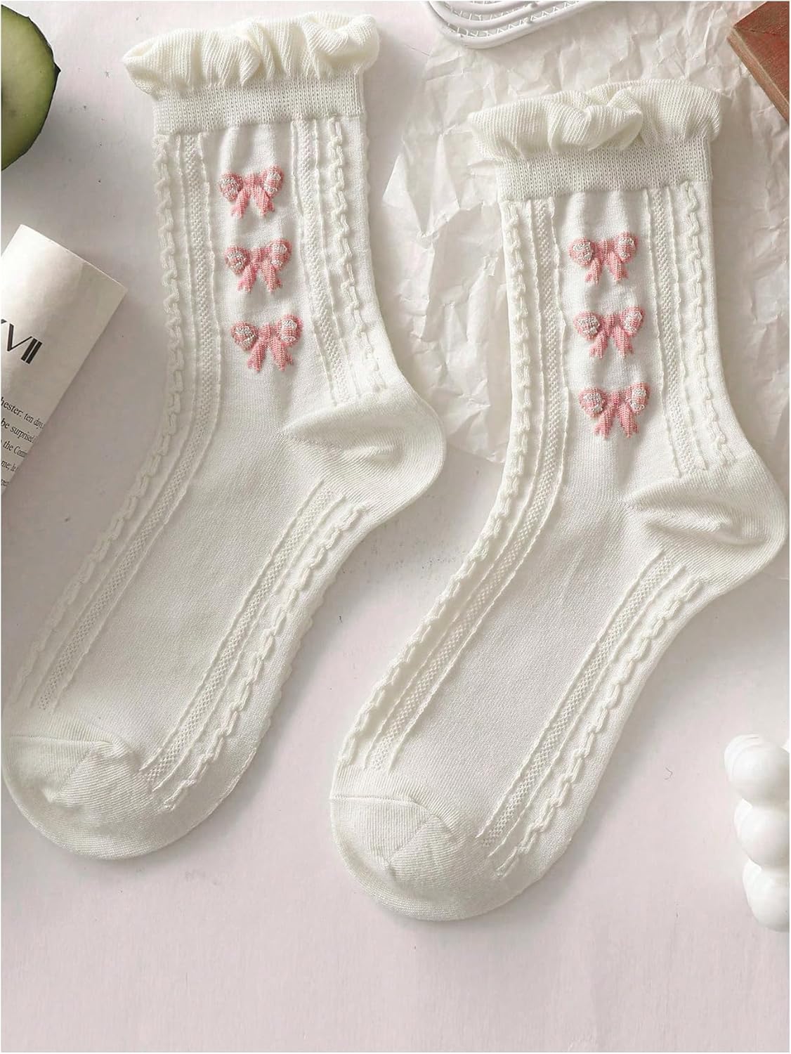 SHENHE Women's Crew Socks - Cute Ruffle Bow Print Design | 5 Pairs of Knitted Mid Calf Socks