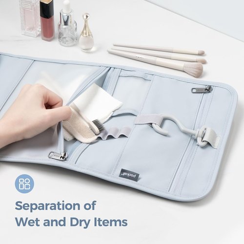 Pack All Hanging Travel Toiletry Bag - Foldable Cosmetic Organizer with Multiple Compartments | Water-Resistant Design (Light Blue)