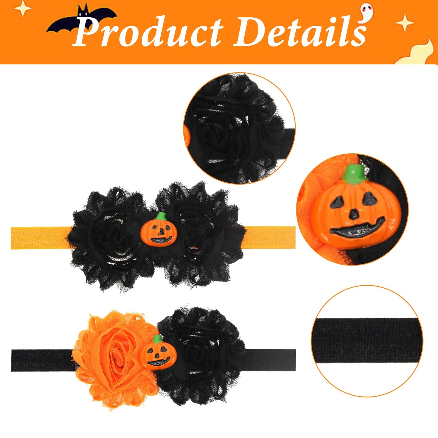 Halloween Baby Girl Headbands,2Pcs Black Orange Flower Pumpkin Elastic Halloween Bow Headband Stretchy Cotton Lace Toddler Hair Band Halloween Baby Hair Accessories for Newborns Infants Toddlers Kids