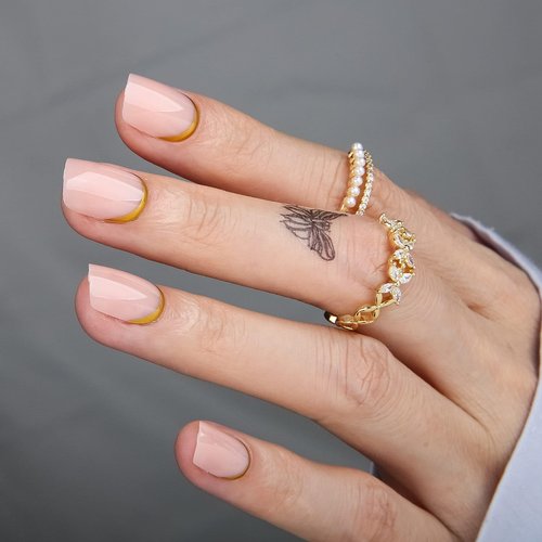 MqpQ Gold Reverse French Press On Nails Short - Soft Gel Press On Nails with Chrome Design,Square Fake Nails Kit, Glossy Reusable Nails for Women - 24pcs,Glance Back