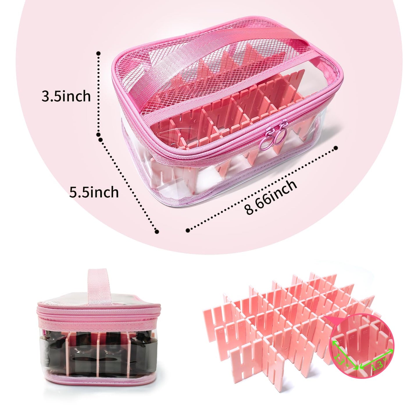 Clear Nail Polish Organizer, Nail Supplies Organizer, Holds 24 Bottles of Nail Polish PVC Nail Polish Organizer Case with Attached Nail Tool Organizer, Portable Travel Nail Technique Organizer (Pink)