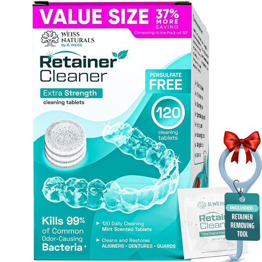 Weiss Naturals Retainer Cleaner Tablets, Invisalign Cleaner, Remove Stains, Odors & Plaque, PERSULFATE FREE Night Guard & Denture Cleaner 1-Month Supply, 30 Mint Scented Tablets