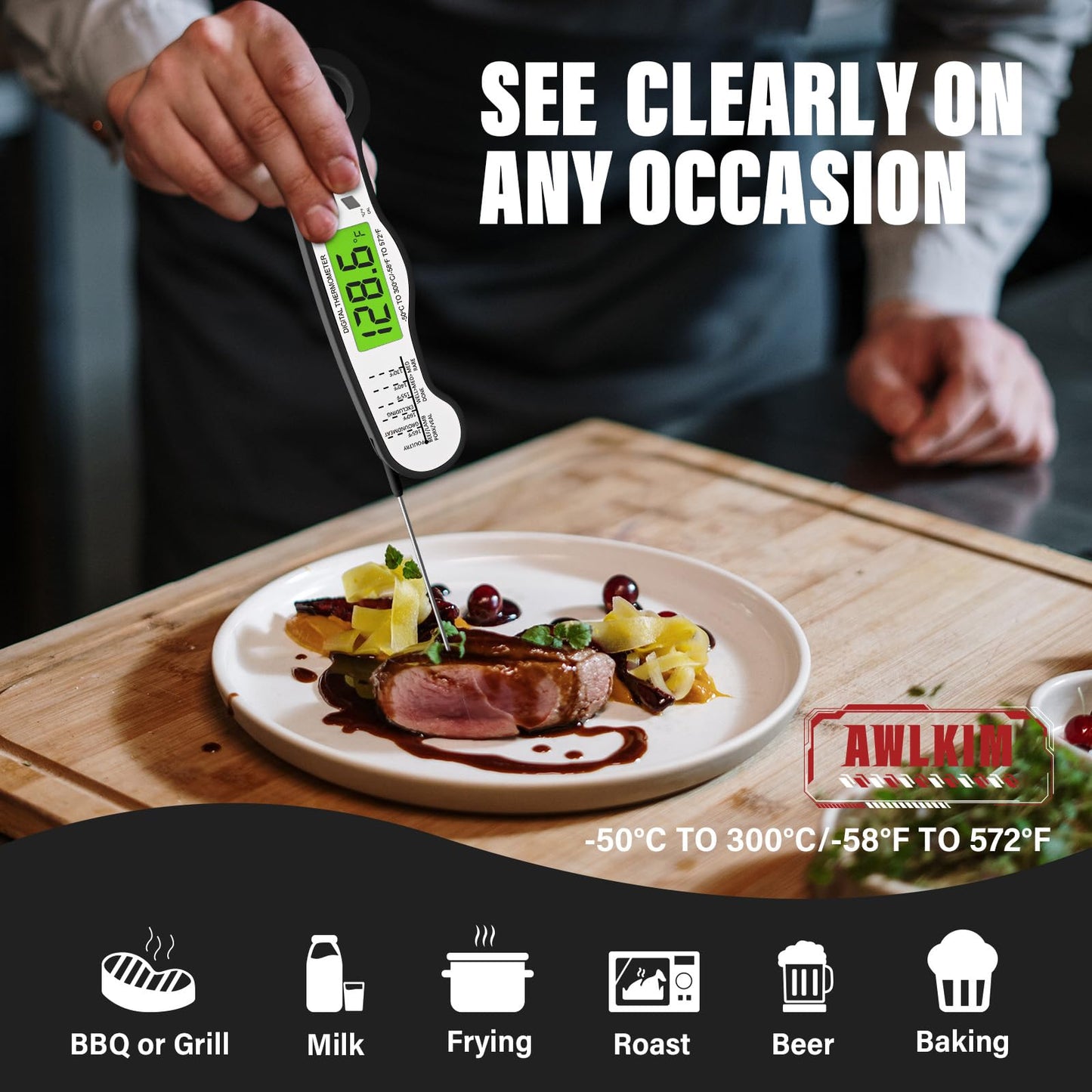 Fast Instant Read Meat Thermometer with Backlight - Waterproof Digital Food Probe for Grilling, Cooking, Baking & Candy Making - Kitchen & BBQ Essential(Black)