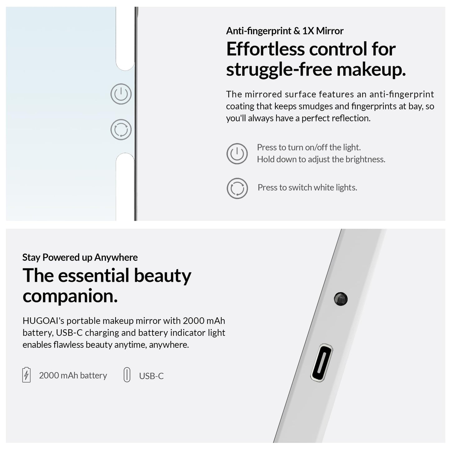 HUGOAI Vanity Mirror with Lights - Travel Makeup Mirror, Portable Lighted Travel Mirror, 2000mAh Rechargeable 100 LED, Birthday Gifts for Women and Mom, 11.9", Black