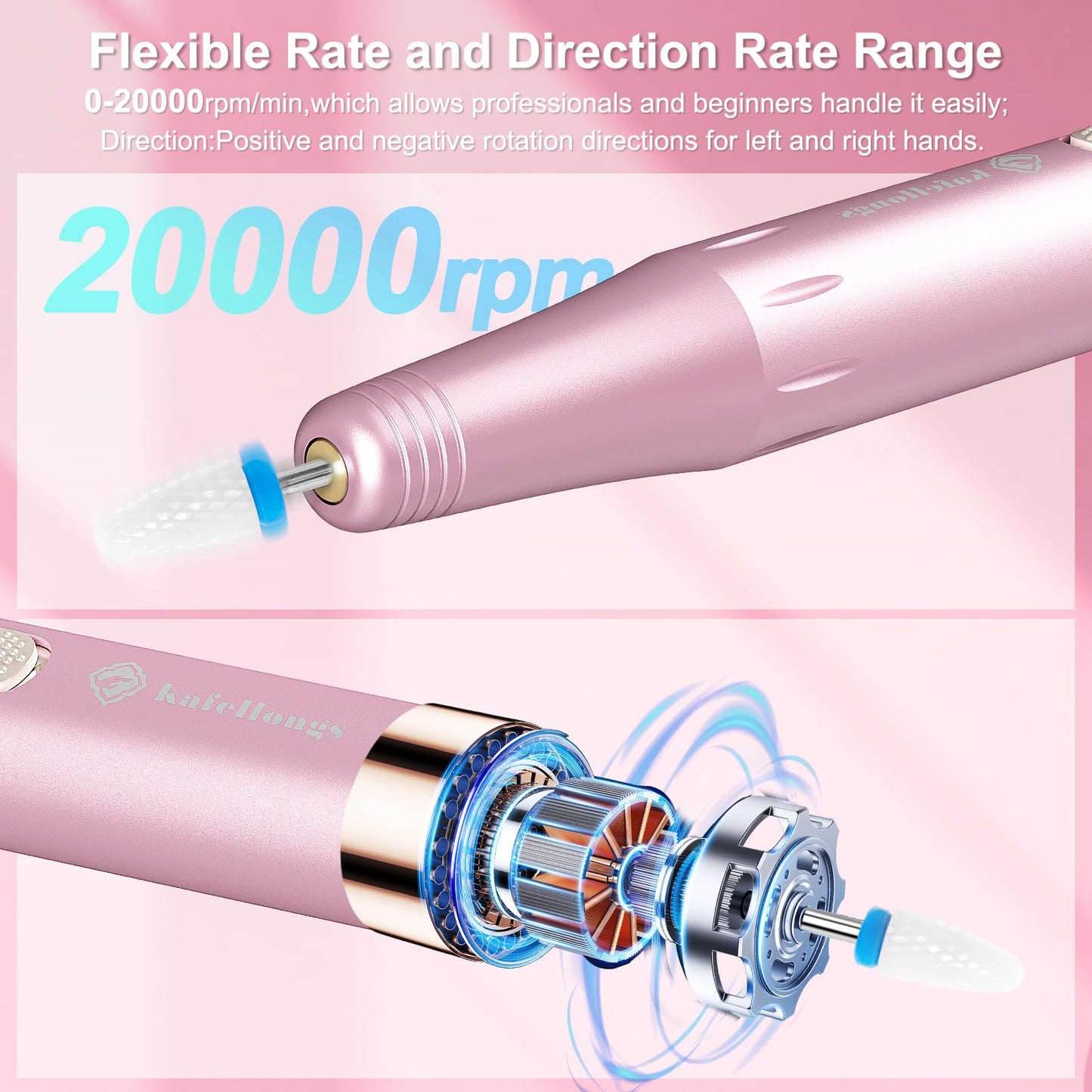 Kafellongs Cordless Electric Nail Drill Electric Nail File and buffers Gel Nail Polish Women Professional Manicure Machine， Acrylic Nail kit Gel dip Powder Nail kit Nail